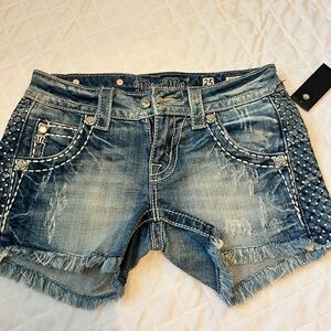 Miss Me Distressed Blue Jean Shorts with Studded Details